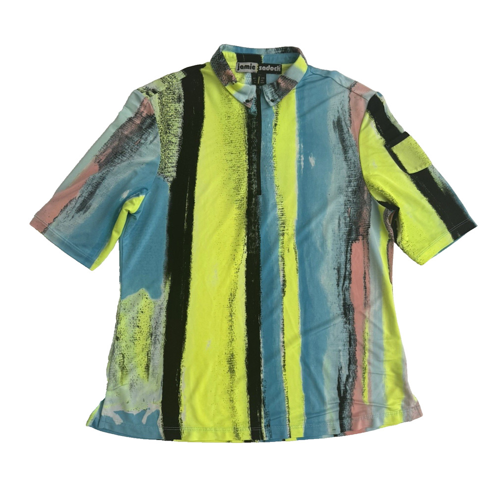 Jamie Sadock Short-Sleeve Top M Collar 1/4-Zip Yellow-Green Blue Black Stripe